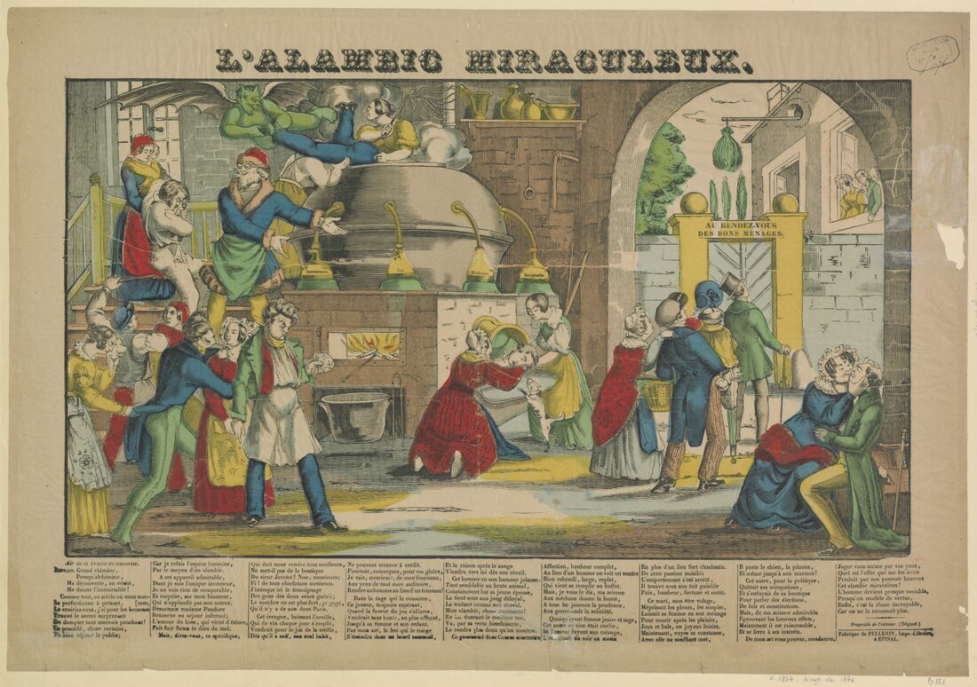 Image d'Épinal en couleurs : autour d'un énorme alambic, des vieillards y entrent et en ressortent rajeunis, sous un titre en grandes capitales.