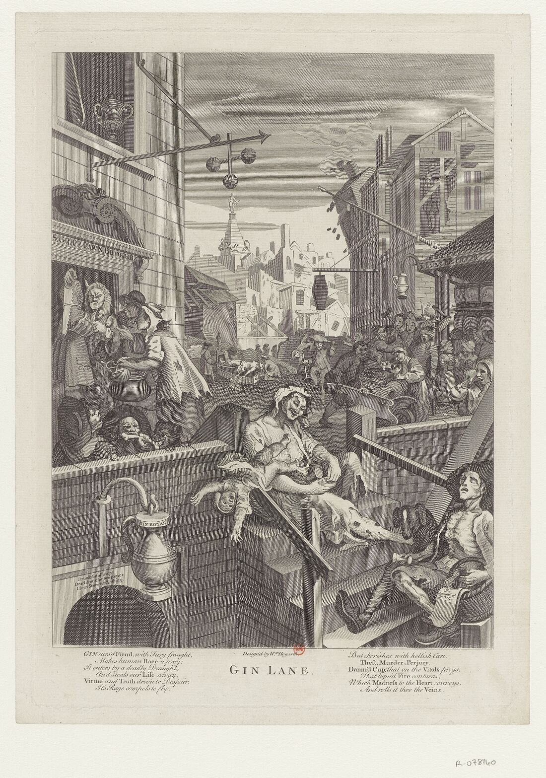 Gravure : une rue londonienne en ruine, une mère ivre laissant tomber son enfant au premier plan, un mont-de-piété prospère à gauche, des scènes de misère partout.